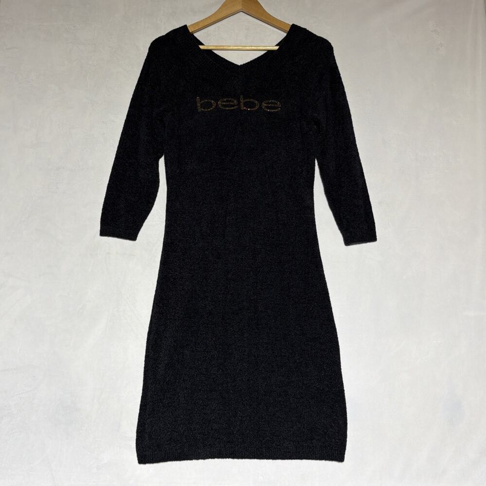 Bebe Logo Spellout Sweater Dress Size Large Black Gold Bodycon Stretch Y2K Cozy